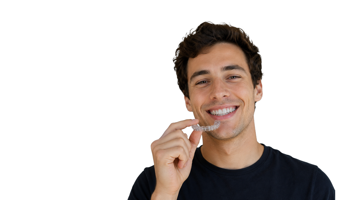 A patient holding a clear Invisalign aligner